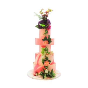 Elegant Pink Marble 5-Tier Wedding Cake with Floral Cascade - WC65 - Hard Icing